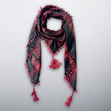 Burgundy and black Palestinian keffiyeh with tassels, rich tone for city wear.