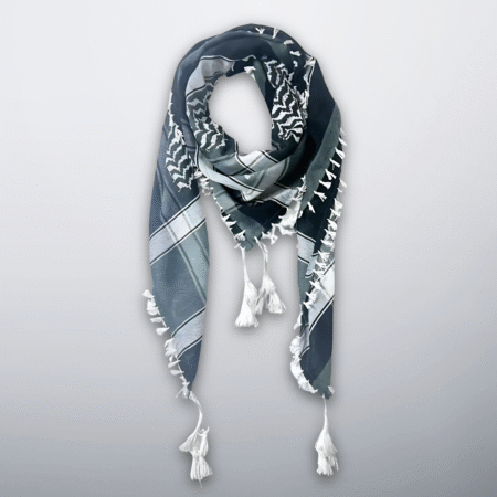 Black, grey, and white Palestinian keffiyeh with tassels, minimal and versatile.