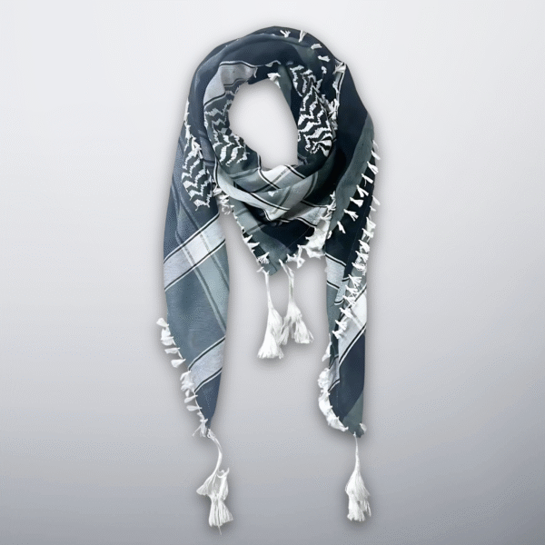 Black, grey, and white Palestinian keffiyeh with tassels, minimal and versatile.