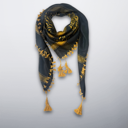 Black keffiyeh with gold accents and tassels, elegant and refined.