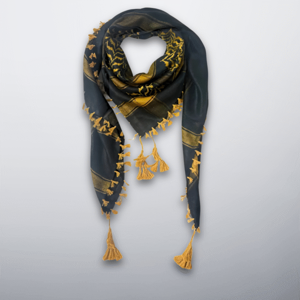 Black keffiyeh with gold accents and tassels, elegant and refined.