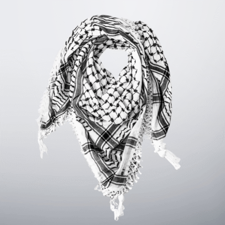 Black and white Palestinian keffiyeh with tassels, folded in a triangle.