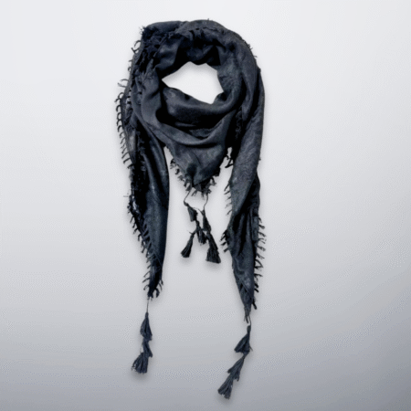Black on black Palestinian keffiyeh with tassels, tonal pattern for a stealth look.