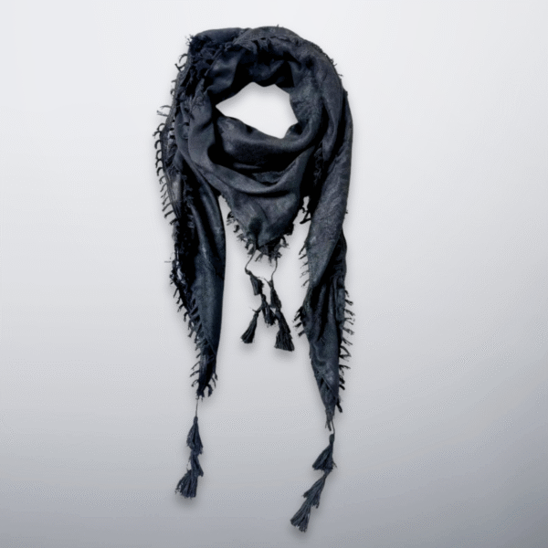 Black on black Palestinian keffiyeh with tassels, tonal pattern for a stealth look.