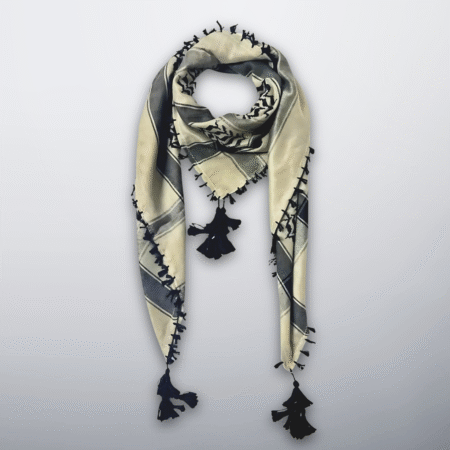 Beige and black Palestinian keffiyeh with tassels, desert inspired tones.
