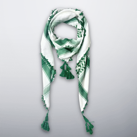 Green and white Palestinian keffiyeh with tassels, inspired by olive groves.