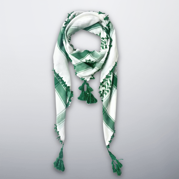 Green and white Palestinian keffiyeh with tassels, inspired by olive groves.