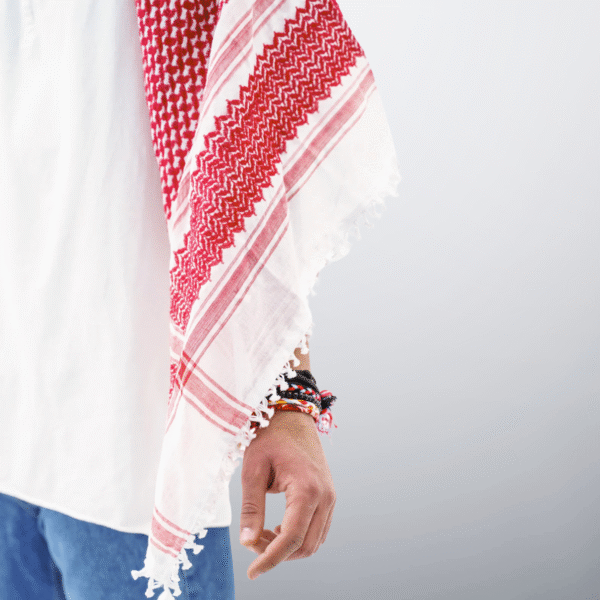 classic red and white keffiyeh with model