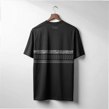 Black keffiyeh clothing T-shirt with olive leaves stripe and Kufic Arabic back print