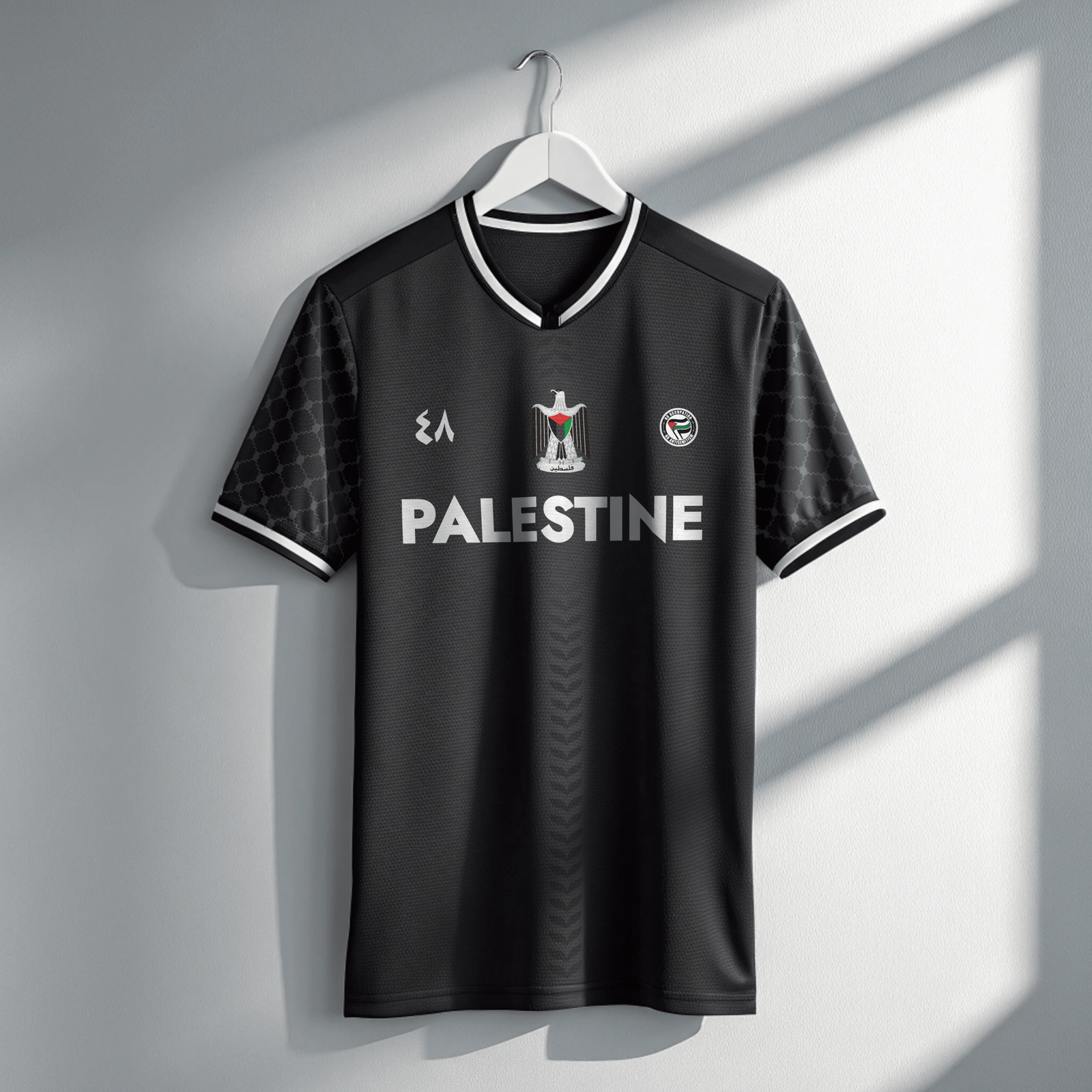 Black keffiyeh sports jersey with gradient olive leaves pattern and Arabic 48 on front