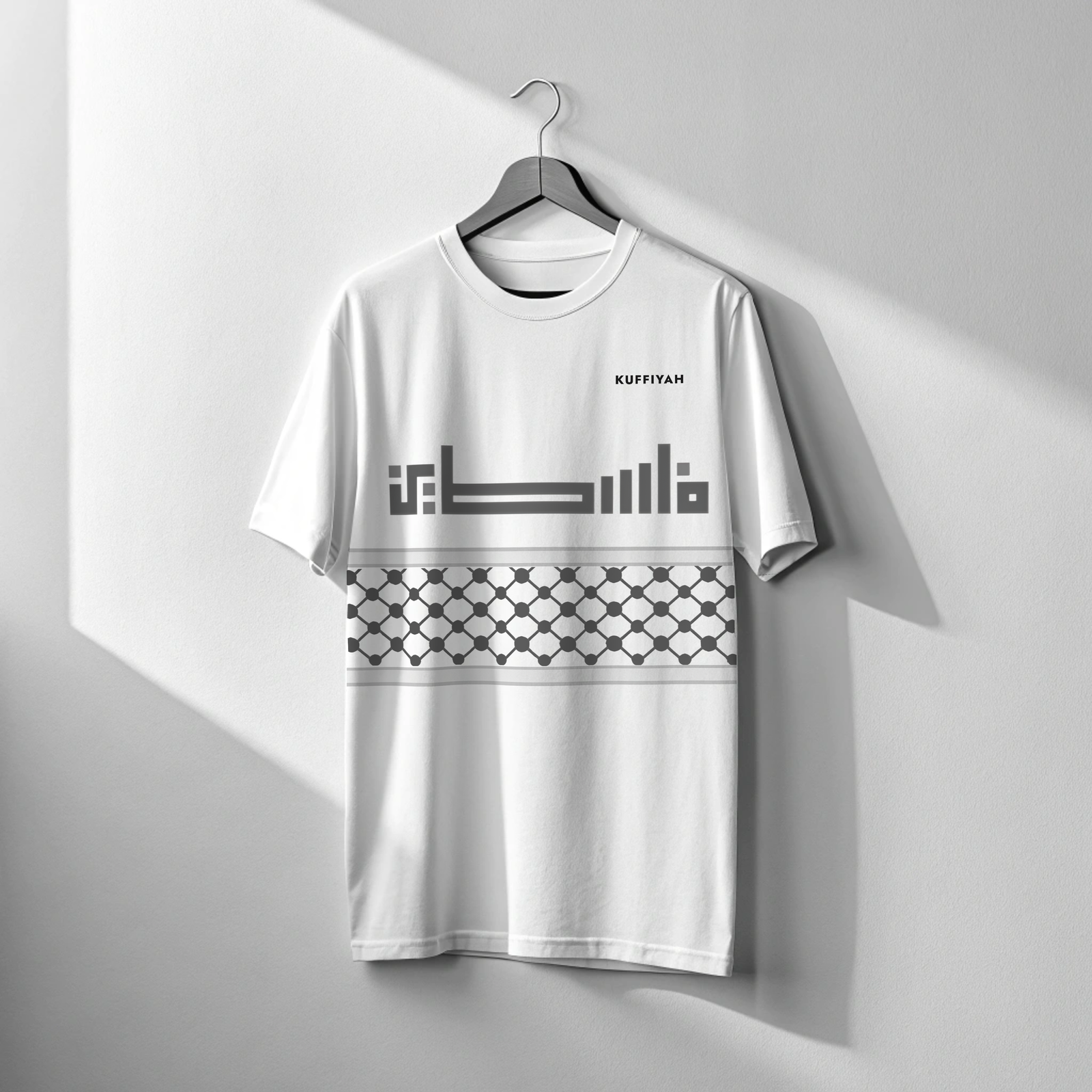 White keffiyeh clothing T-shirt with net pattern and Arabic Palestine text on chest