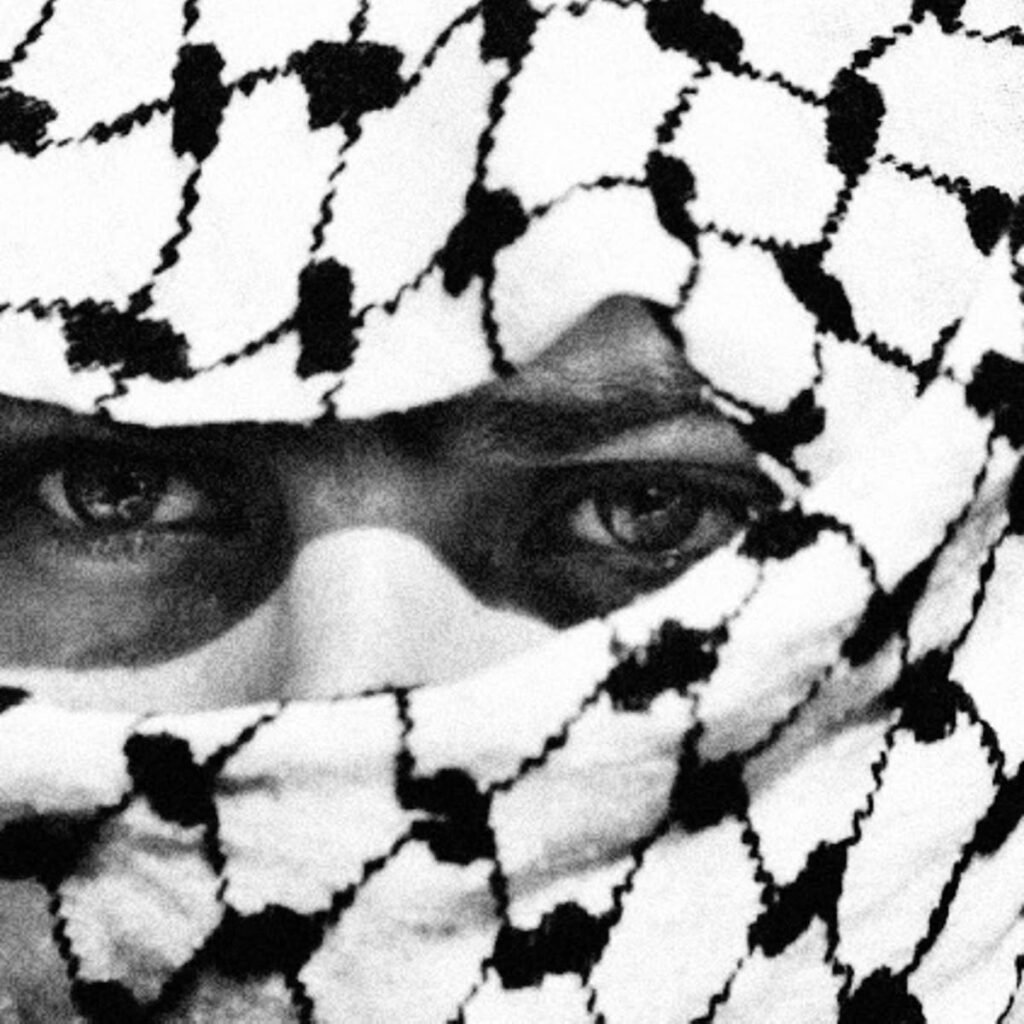 Close up of eyes framed by a Palestine scarf in a keffiyeh pattern