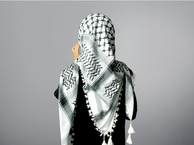 keffiyeh hijab in black and white draped from the back