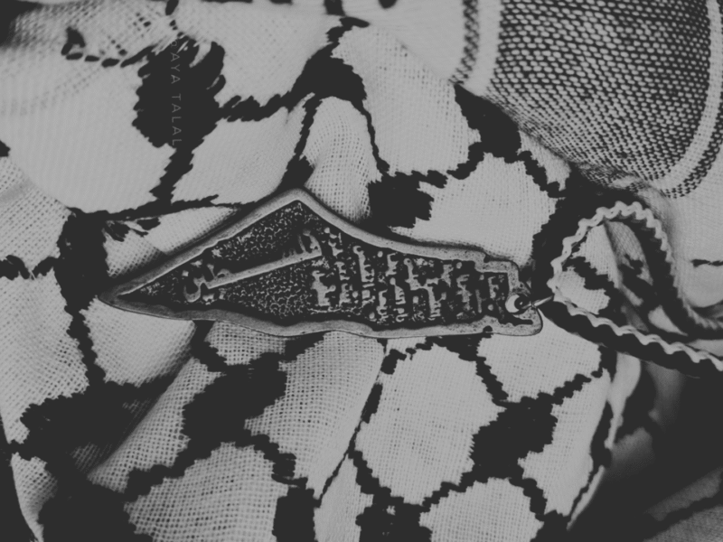 Black and white close-up of a keffiyeh scarf with a Palestine map pendant