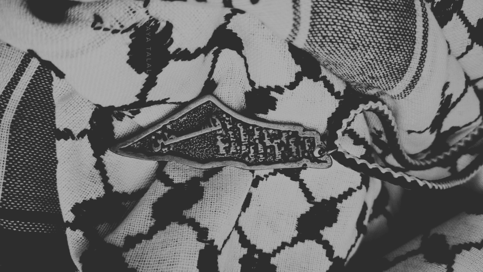 Black and white close-up of a keffiyeh scarf with a Palestine map pendant