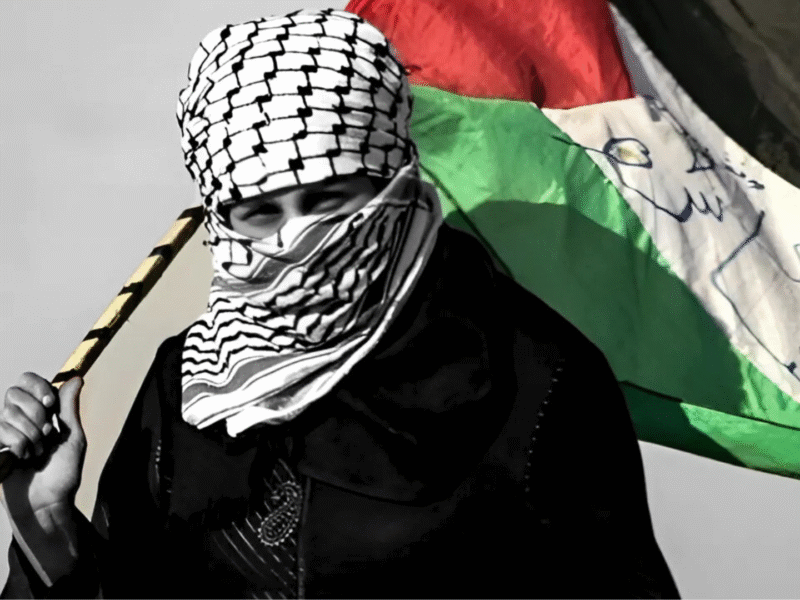 Palestine scarf wrapped around the face, flag waving in the background