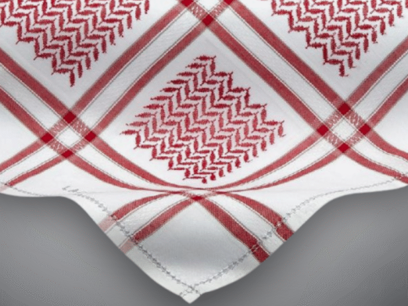 Close up of a red keffiyeh pattern on white fabric