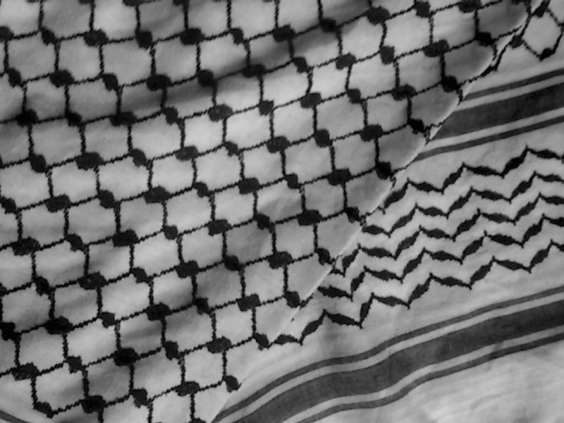 Display of original keffiyeh scarf in black and white