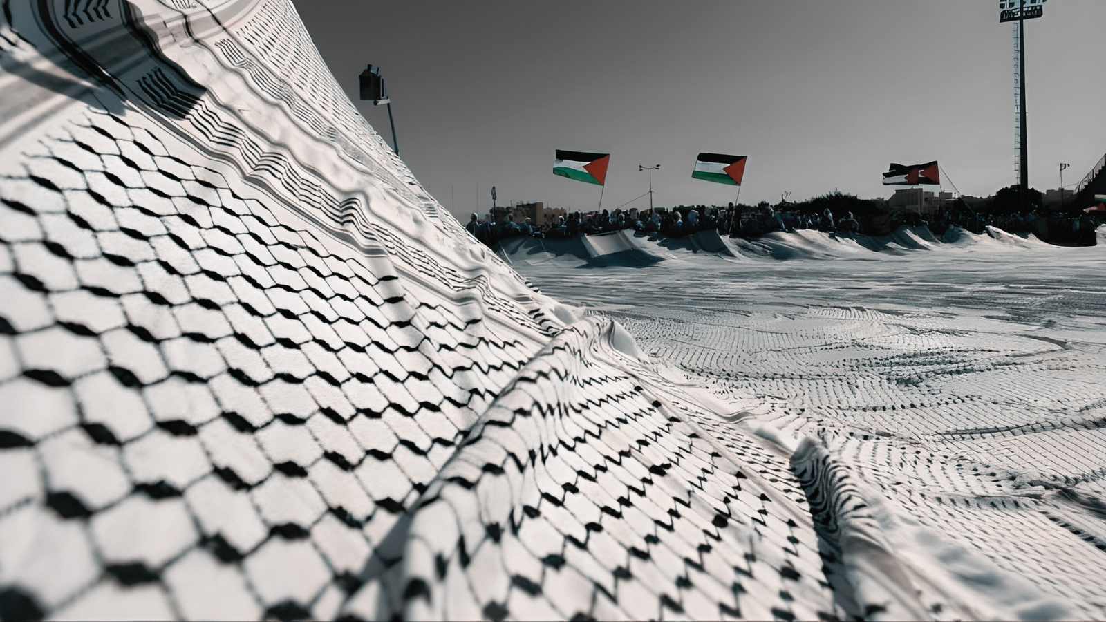 Large Palestinian keffiyeh spread like a landscape with Palestinian flags in the background, used as the cover image for a keffiyeh pronunciation guide.