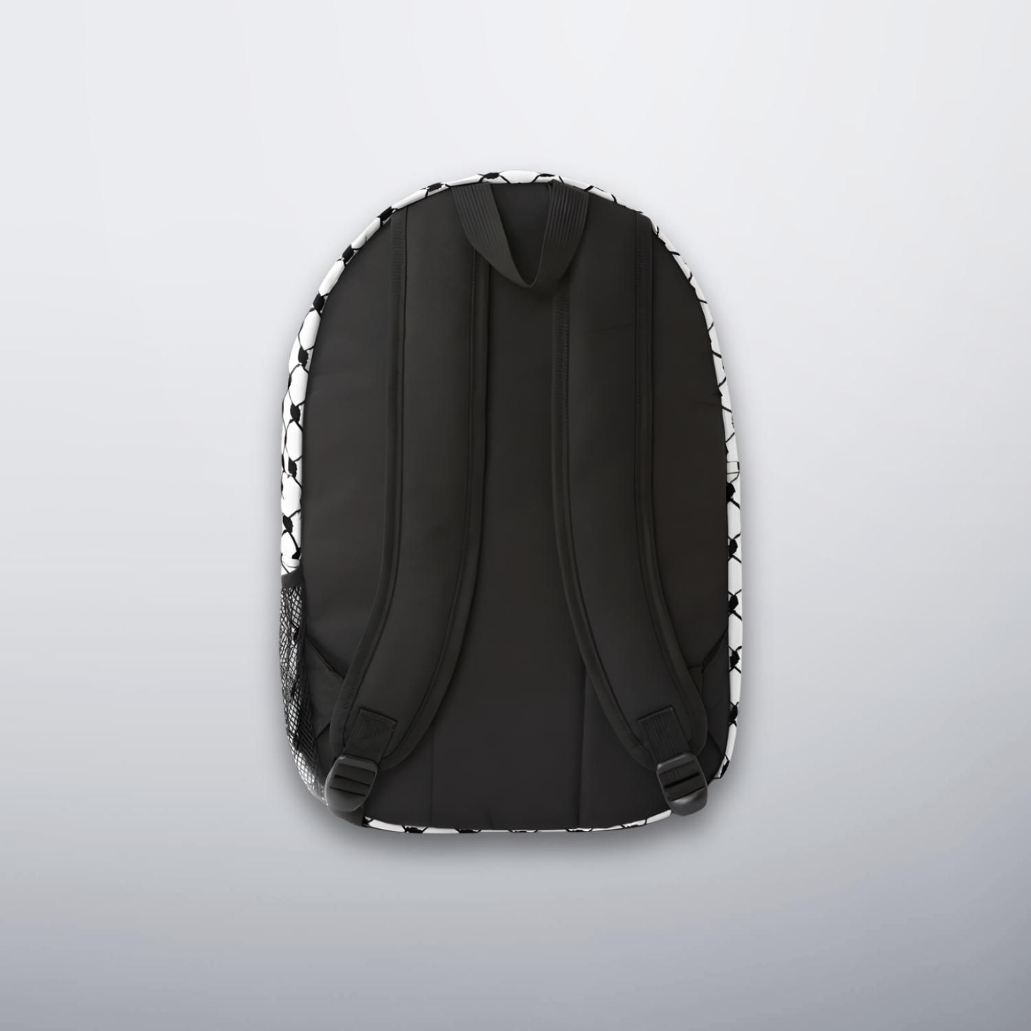 Back of keffiyeh backpack showing black padded straps