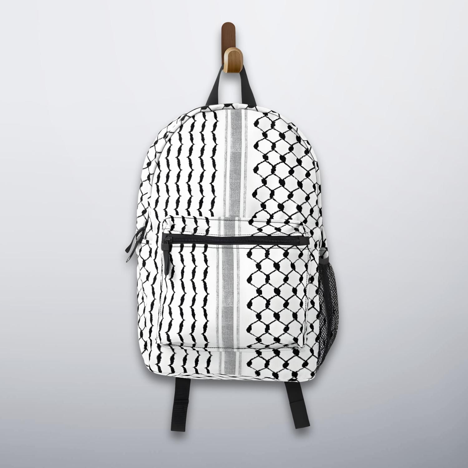 Palestinian keffiyeh backpack hanging on a hook front view