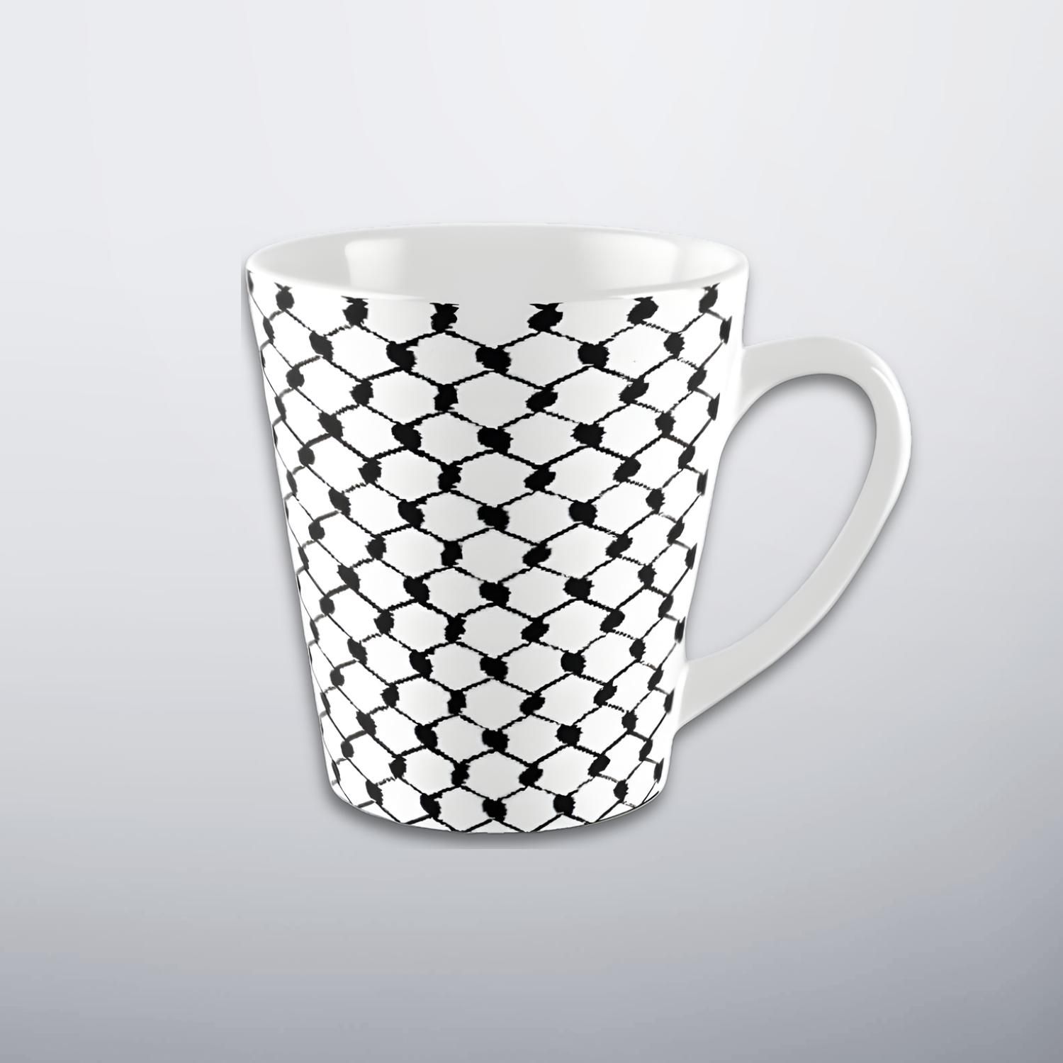 Tall Palestinian keffiyeh coffee mug with handle and black and white pattern
