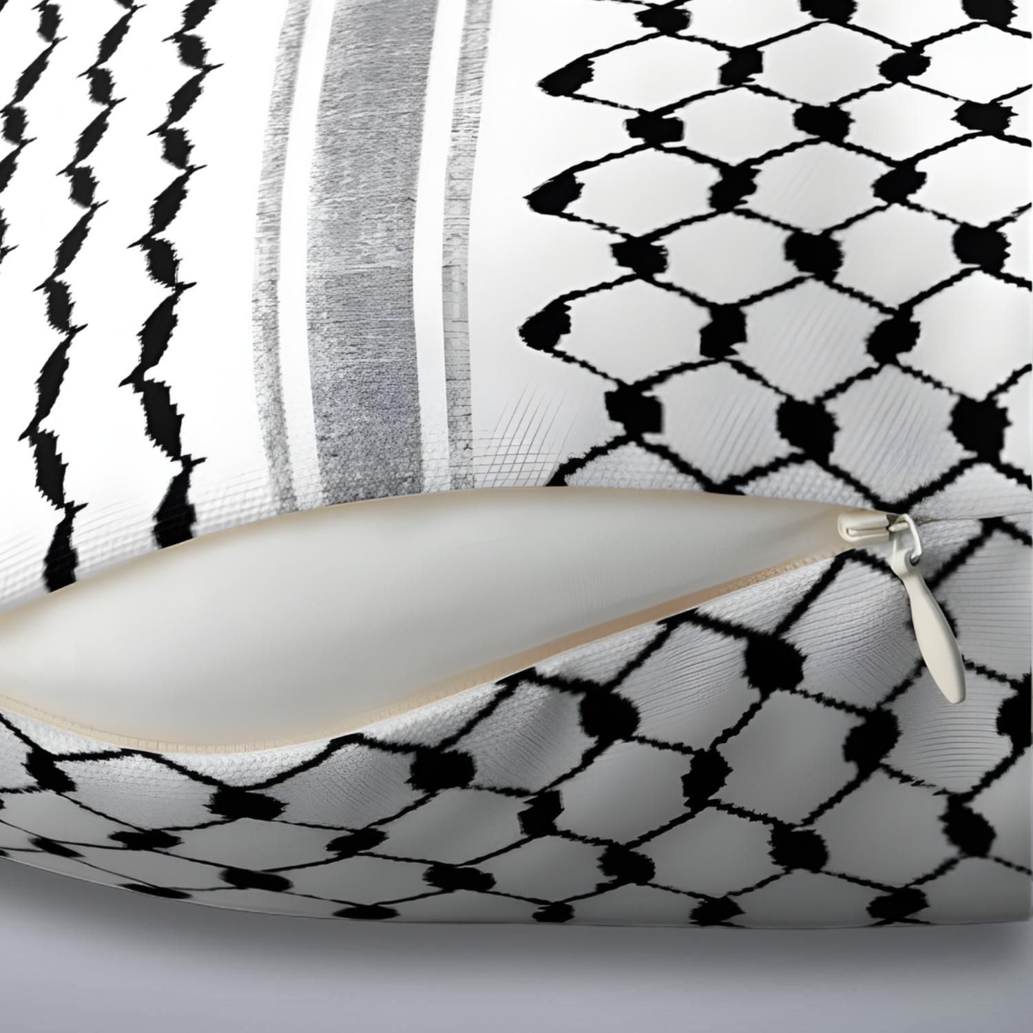Close up of keffiyeh pillow showing pattern and concealed zip opening