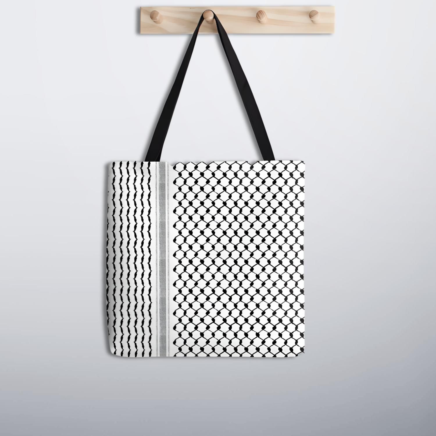 Palestinian keffiyeh tote bag hanging on a wooden hook