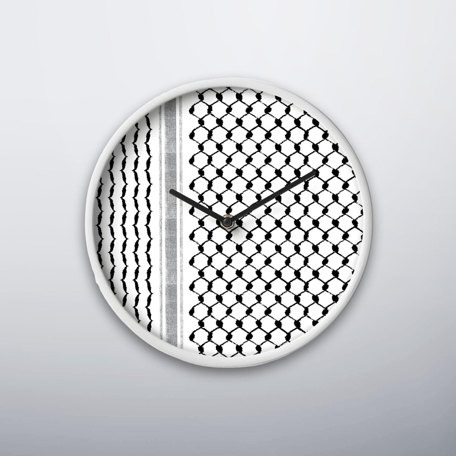 Palestinian keffiyeh wall clock with white frame and black hands