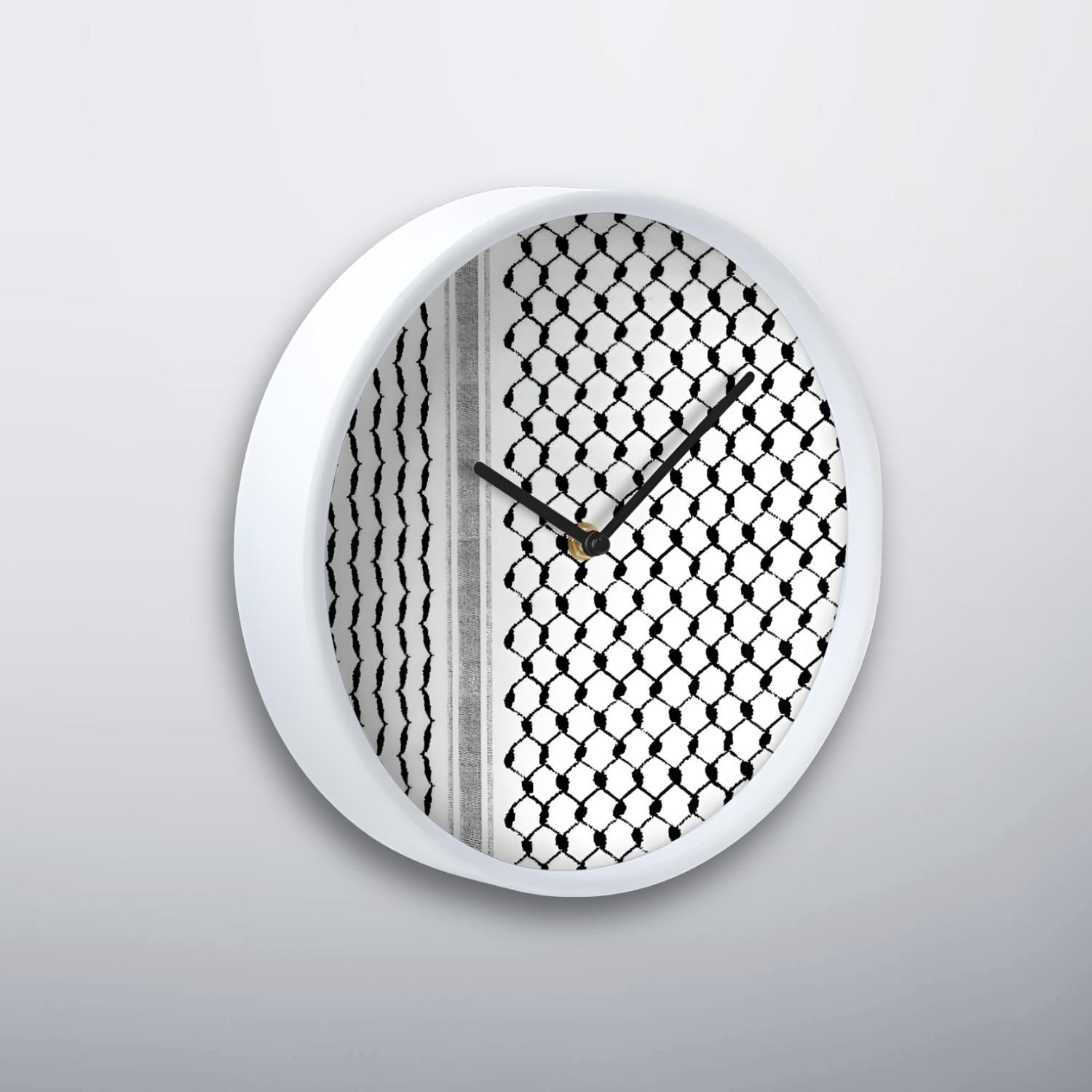 Side view of keffiyeh wall clock showing white bamboo frame
