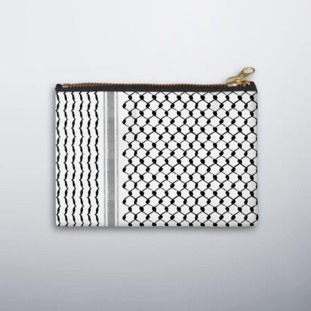 Palestinian keffiyeh zipper pouch with black and white pattern and metal zip