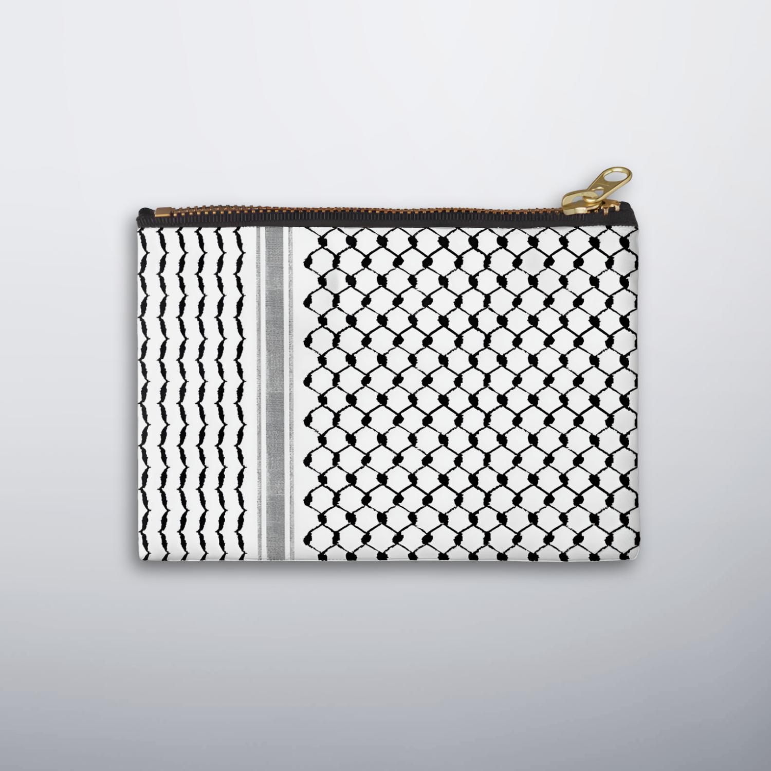 Palestinian keffiyeh zipper pouch with black and white pattern and metal zip